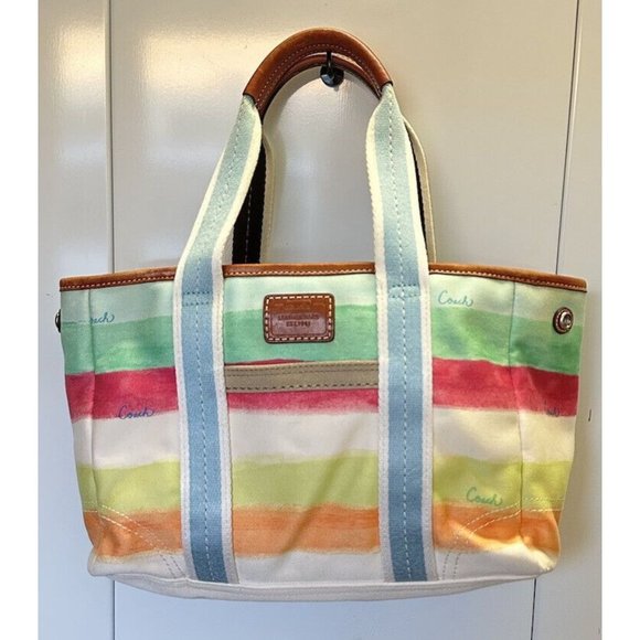 Coach Handbags - COACH 10025 Hampton Watercolor Pastel Stripes Small Tote Handbag Leather Handle